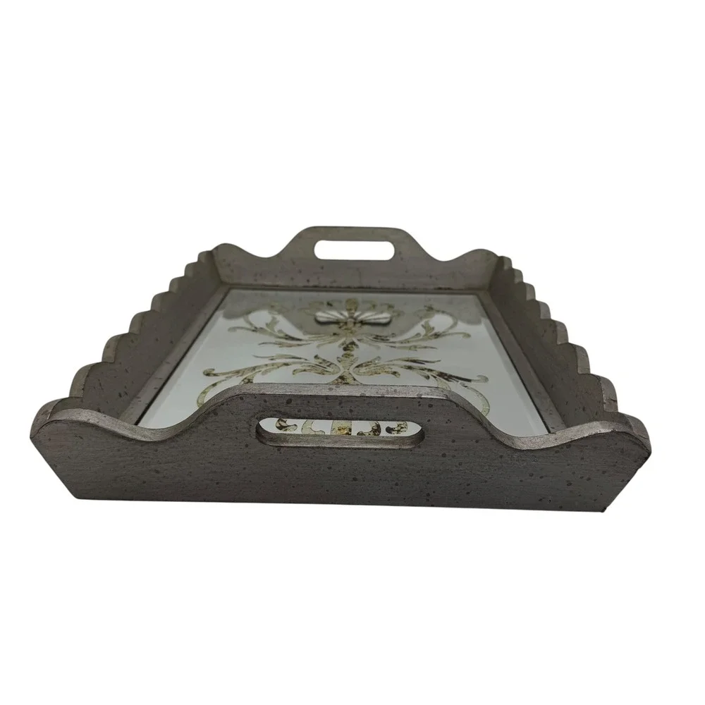 Decorative Mirrored Serving Tray Gray Wood Gold Scroll‎ Accent Handles